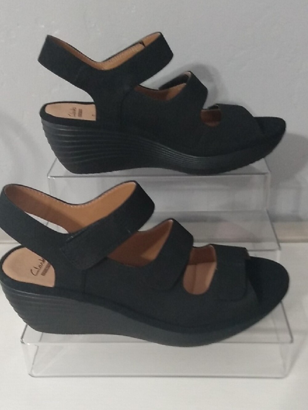 Clarks Collection Black Suede Wedge Open-Toe Slingback Sandals- Women's 8